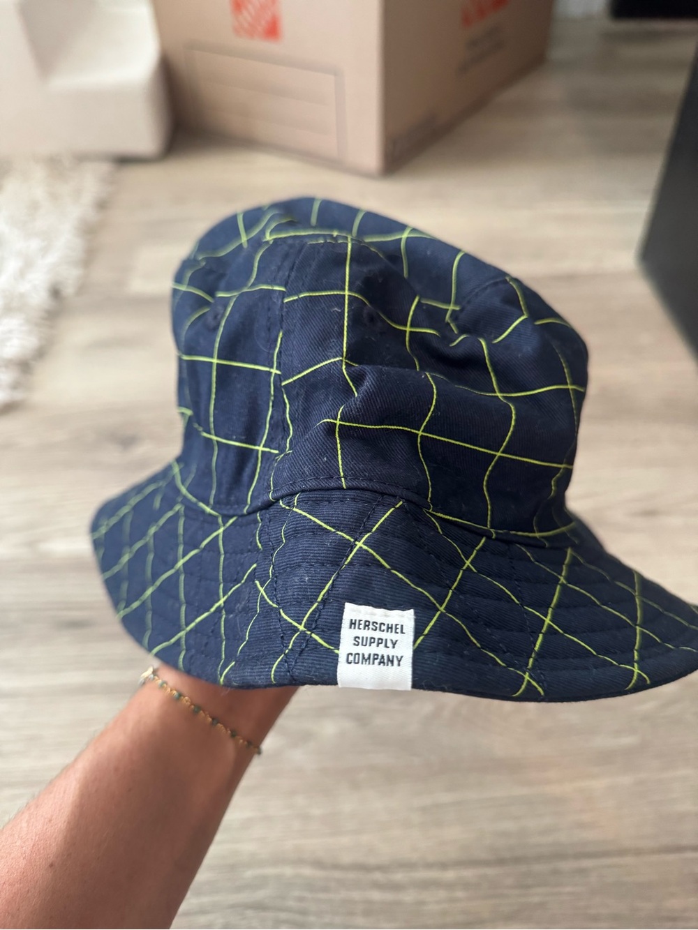 Herschel Supply Company Navy Bucket Hat with Neon Yellow Grid